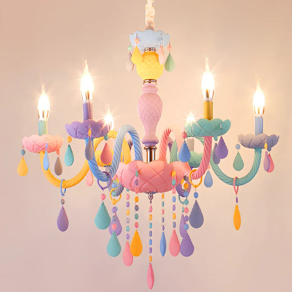 Macaron crystal glass pendant lamp with multiple heads providing bedroom illumination