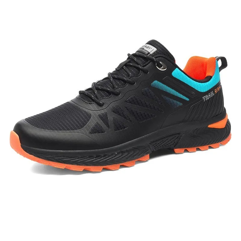 Men's black outdoor running shoes with mesh upper, PHYLON midsole, and rubber MD TPU sole showing round toe shape and lace-up front
