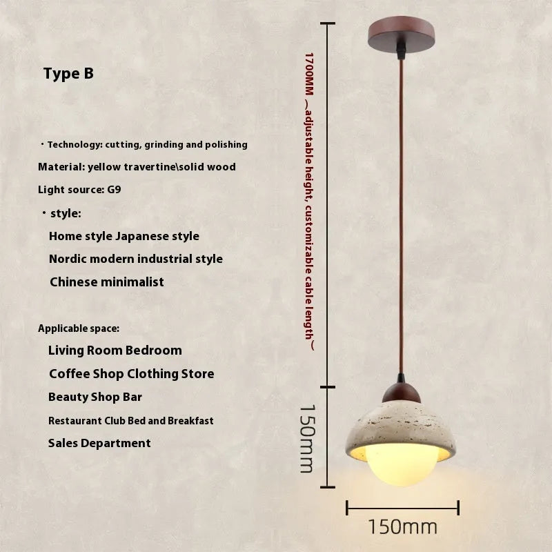 Retro yellow cave stone pendant light with iron body and yellow marble lampshade, hanging wire LED bedside chandelier