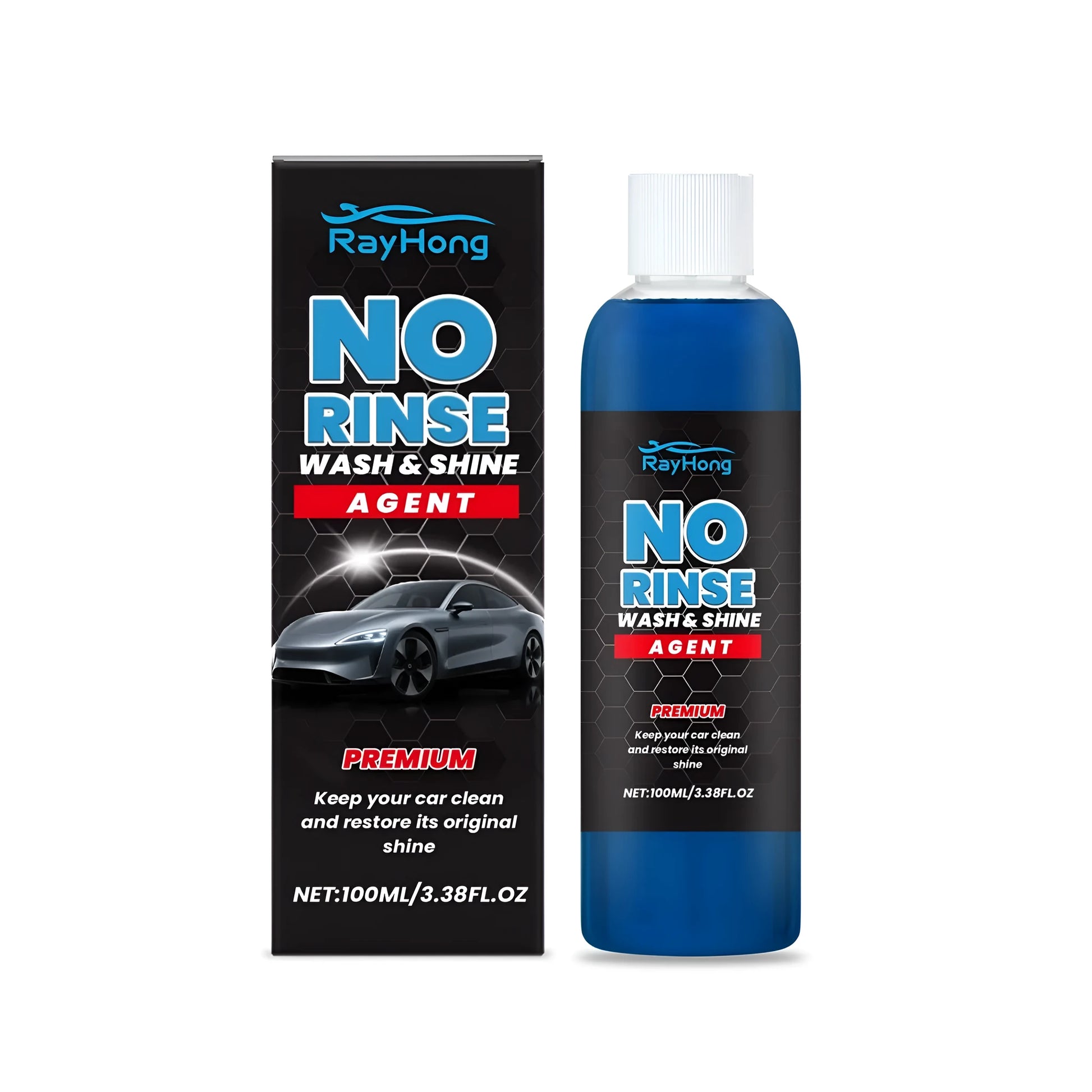 100ml bottle of no-rinse wash and shine agent for automobile paint care.