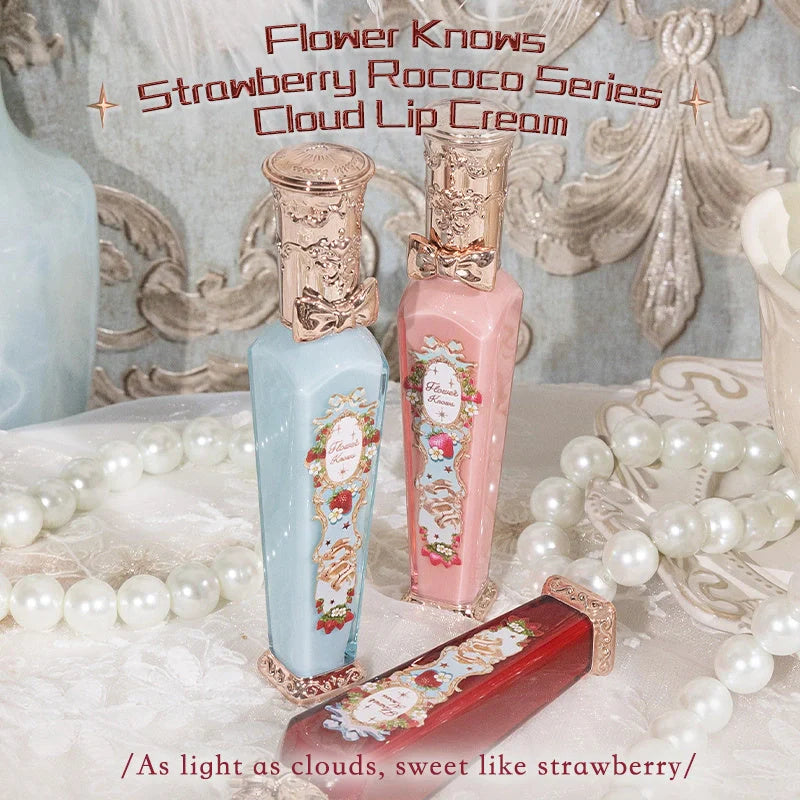 Flower Knows Strawberry Rococo Series Embossed Blush Velvet Matte Lip Glaze in retro perfume bottle design