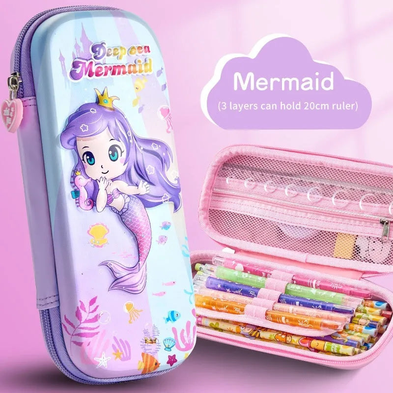 Leather 3D pencil case showing design themes: dinosaur, astronaut, mermaid, unicorn, and spaceship.
