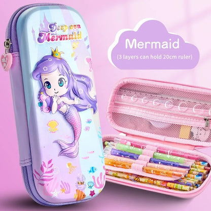 Leather 3D pencil case showing design themes: dinosaur, astronaut, mermaid, unicorn, and spaceship.
