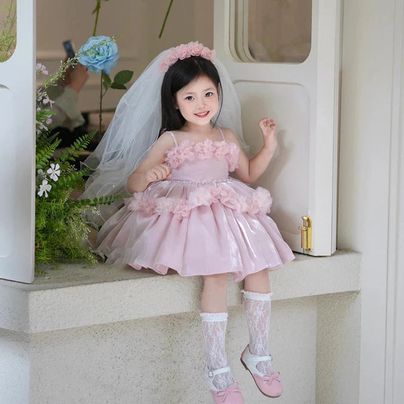Pink polyester flower girl wedding pettiskirt with princess design, shown on mannequin