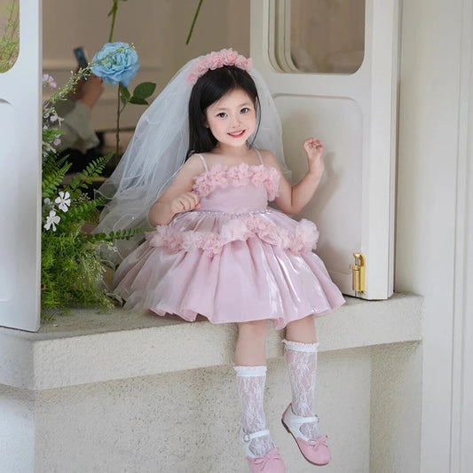 Pink polyester flower girl wedding pettiskirt with princess design, shown on mannequin