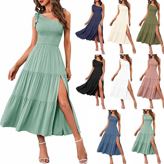 Stunning one-shoulder dress with pleated, asymmetrical hemline and side slits