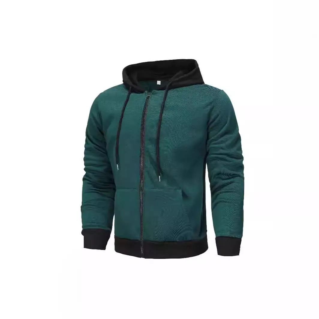 Men's black zip-up hoodie cardigan with a fleece lining, shown with the hood up.