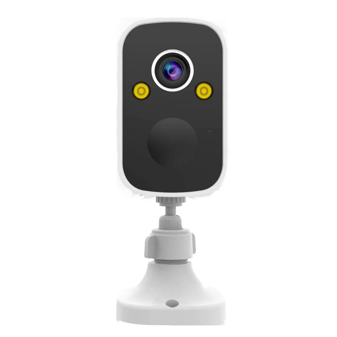 White wireless indoor security camera with built-in bracket on a shelf.