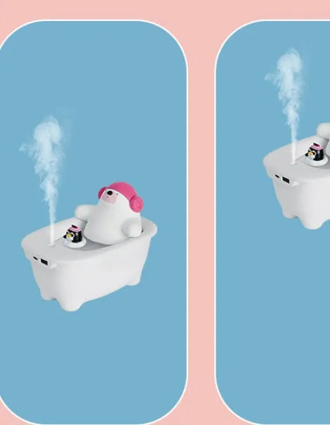 White USB air humidifier with 550ml water tank showing mist output and compact 176mm height design