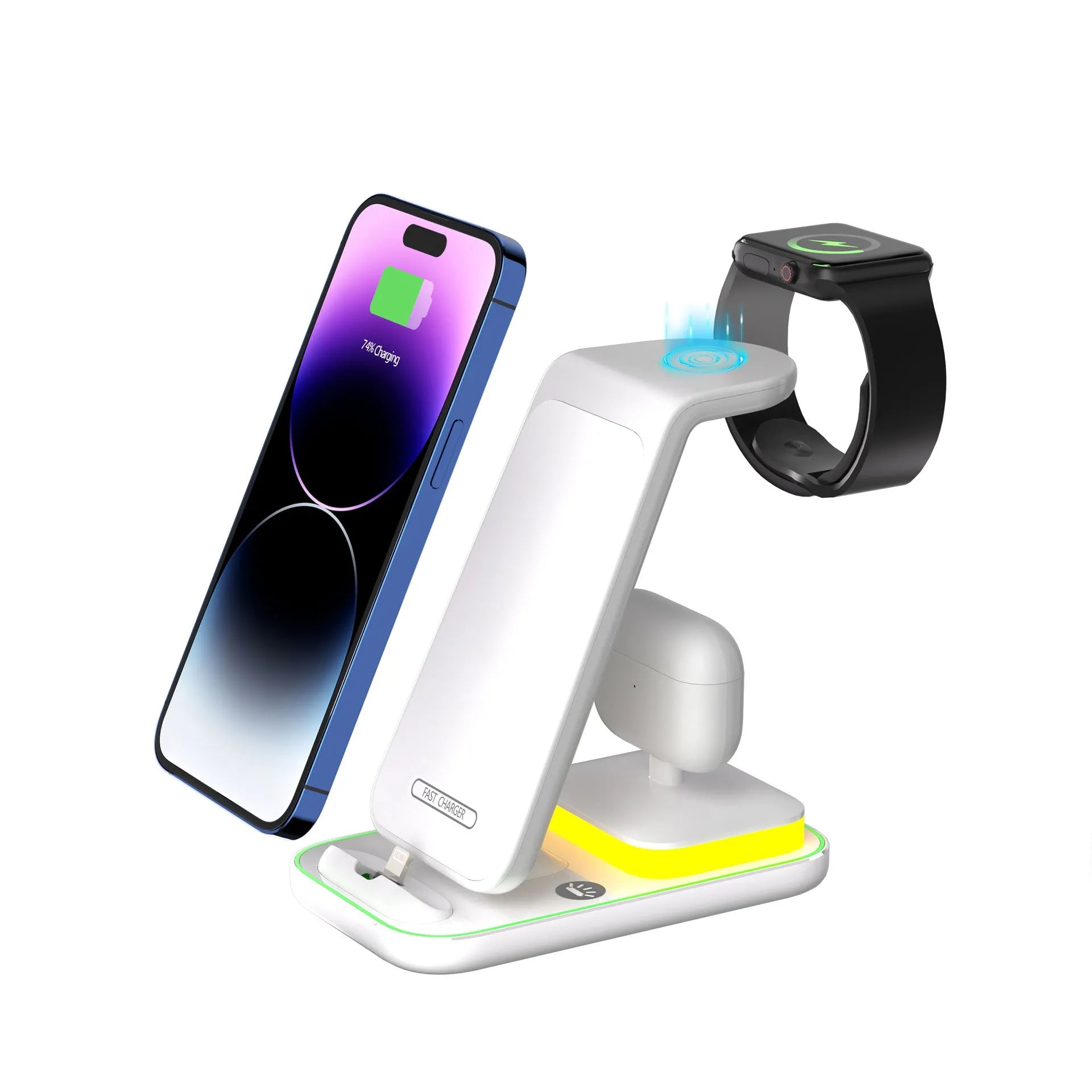 Black vertical wireless charger with phone, smartwatch and earbuds charging simultaneously