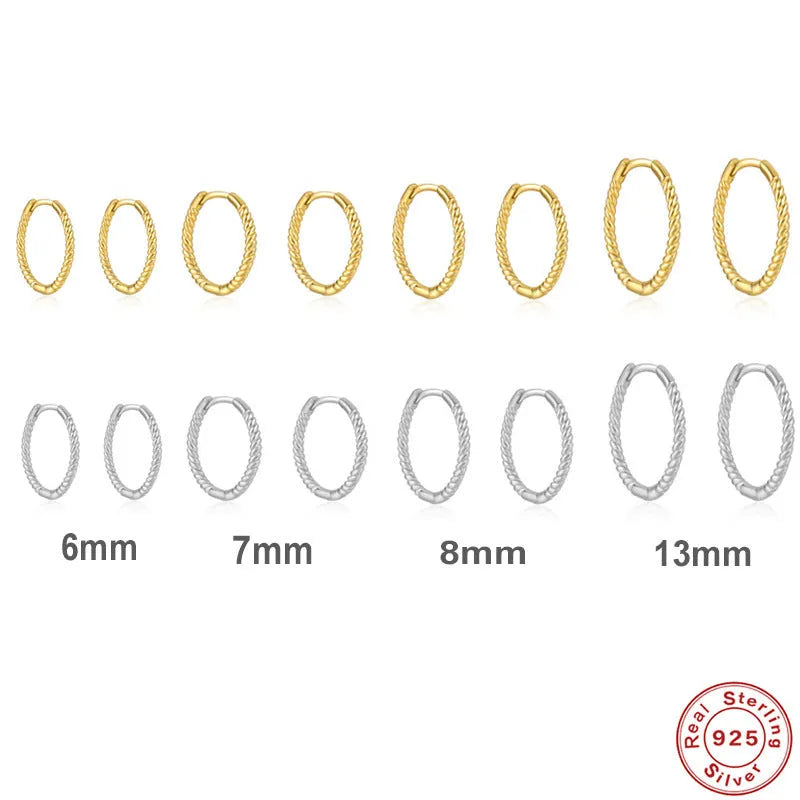 S925 Sterling Silver Hipster Twisted String Round Ring Earrings for Women's Geometric Style in Gold or Platinum Colour with 6mm, 7mm, 8mm, or 13mm Size Options