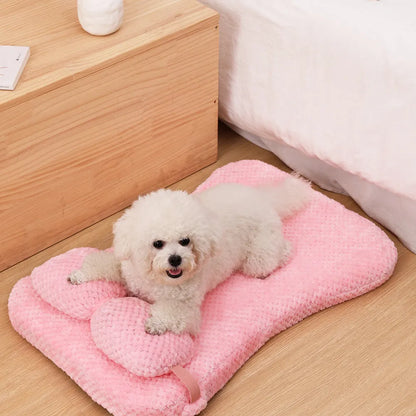 Soft plush pet bed mat with pillow in grey, khaki, or pink, sizes S to XL from 40x30x6cm to 100x60x8cm