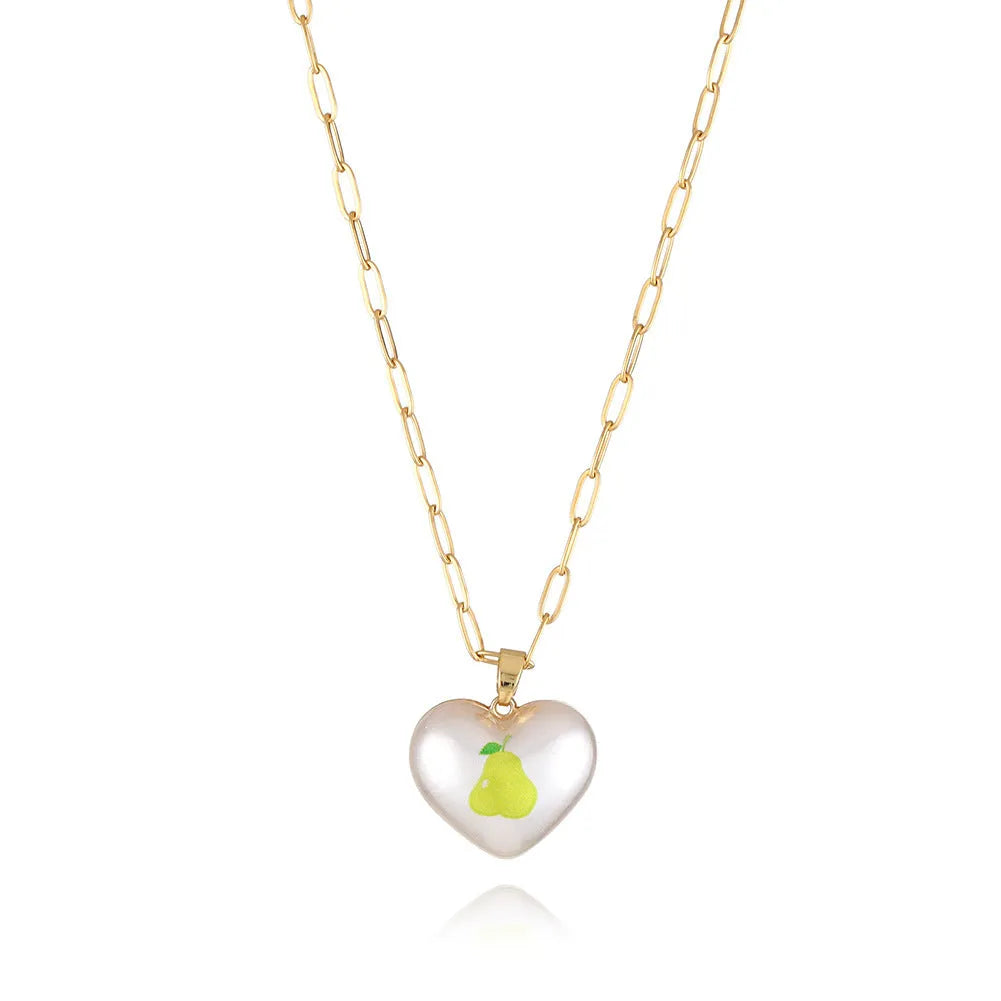 Geometric heart-shaped fruit pendant necklace on an adjustable metal chain