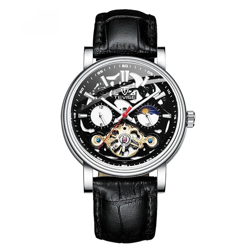 Men's tourbillon mechanical watch showing 16.5mm thickness with luminous hands and waterproof construction
