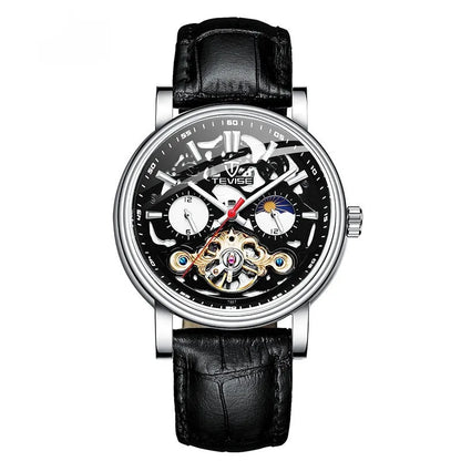 Men's tourbillon mechanical watch showing 16.5mm thickness with luminous hands and waterproof construction