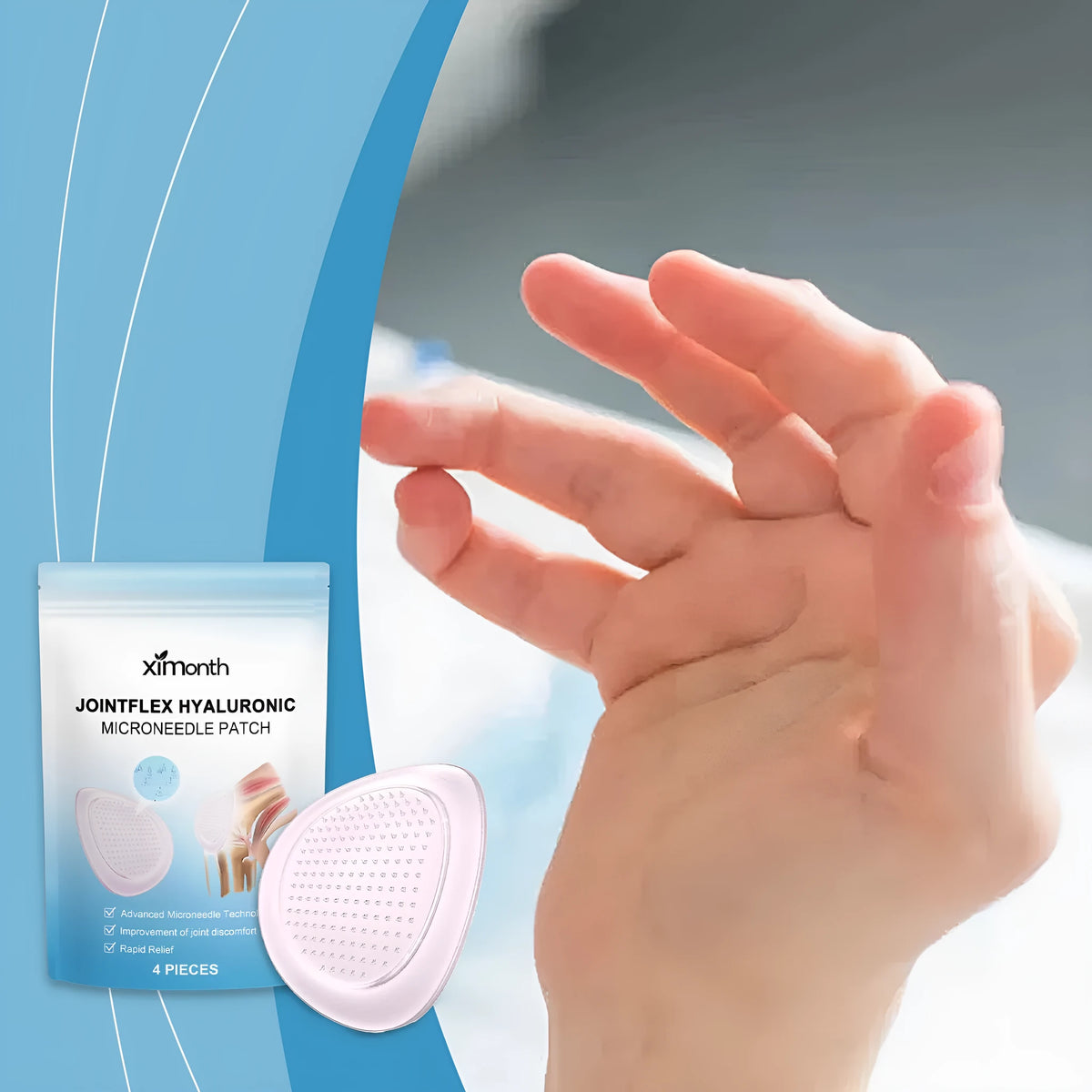Pack of four Curcumin and Hyaluronic Acid joint pain relief microneedle patches.