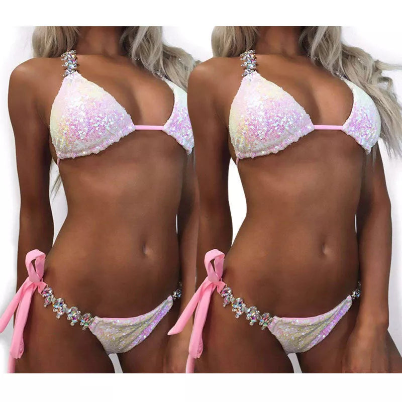 Pink gradient sequins rhinestone swimsuit for women, showcasing luxurious beachwear with a comfortable fit.