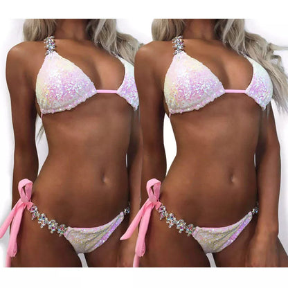 Pink gradient sequins rhinestone swimsuit for women, showcasing luxurious beachwear with a comfortable fit.