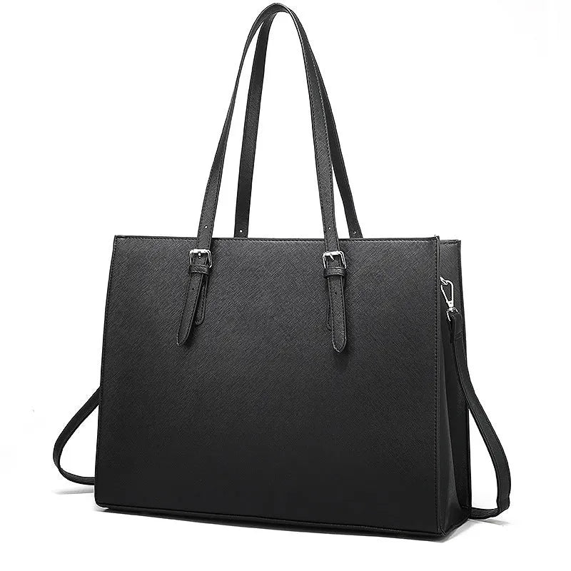 Black women's business computer bag with three shoulder straps showing internal organisation compartments