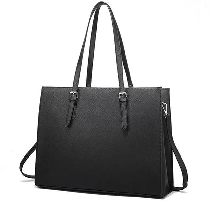 Black women's business computer bag with three shoulder straps showing internal organisation compartments