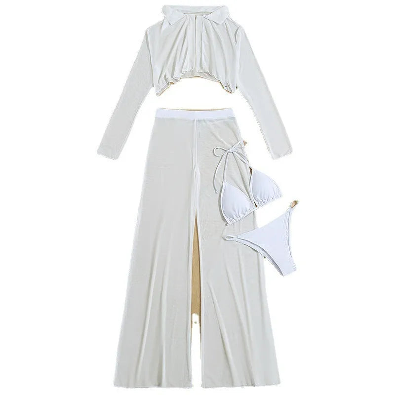 White women's high-waist backless swimsuit four-piece set on a hanger.