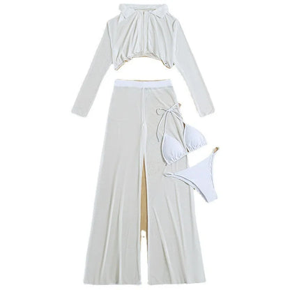 White women's high-waist backless swimsuit four-piece set on a hanger.