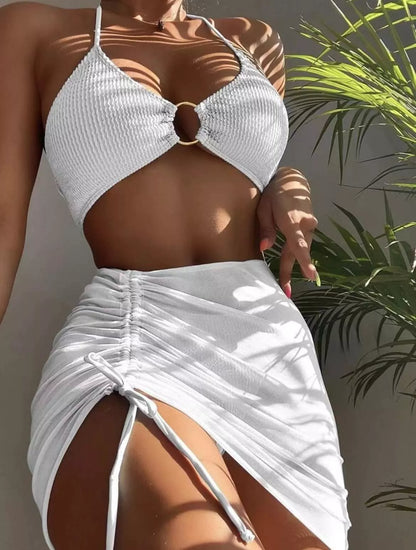 Women's solid color halter three-piece swimwear set with chest pad