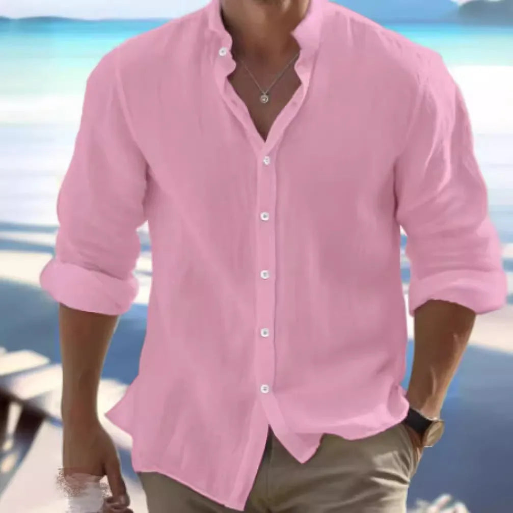 Men's white long-staple cotton pullover shirt with collage stitching detail, sizes S to 5XL