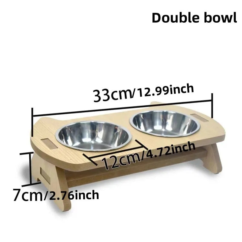 Wooden elevated cat feeder with two stainless steel bowls for food and water.