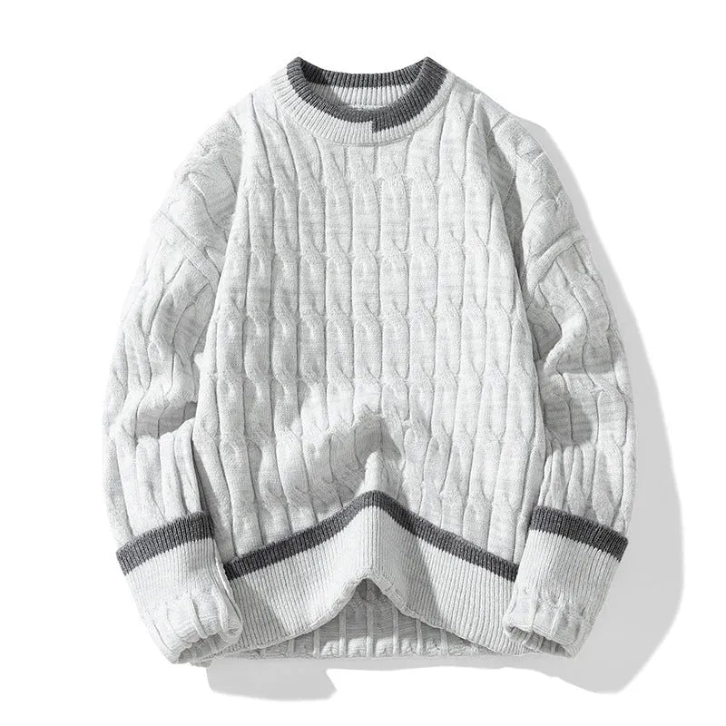 Men's loose fit modal acrylic pullover sweater in light blue on hanger