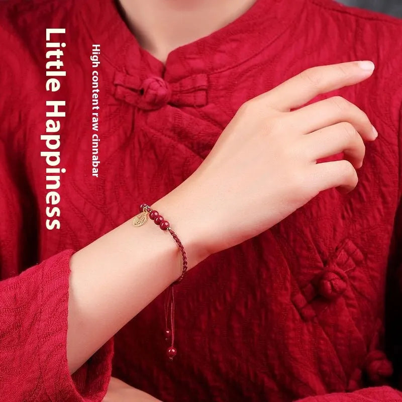 Cinnabar ethnic bracelet with braided rope strap and blessing charm for college entrance exams