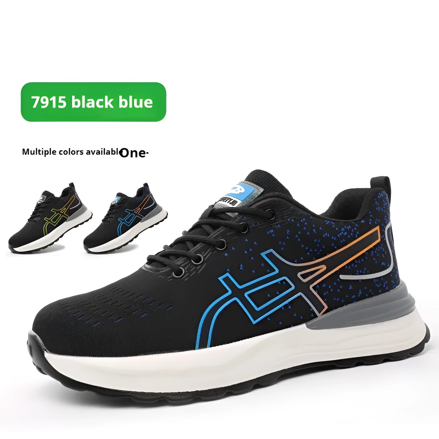 Men's black and blue low-cut safety shoes with mesh upper and protective toe cap.