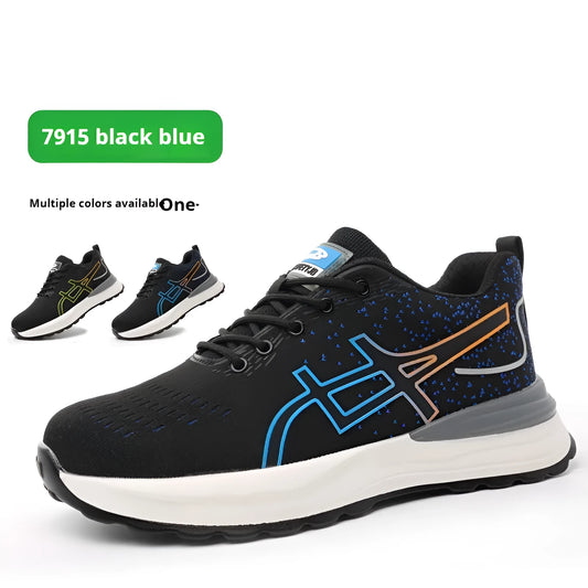 Men's black and blue low-cut safety shoes with mesh upper and protective toe cap.