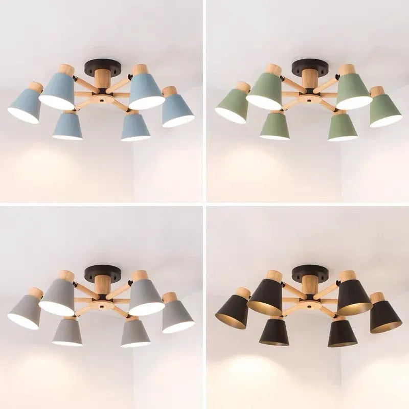 Nordic Macaron ceiling lamp with ironwood construction and multiple light heads in various colour options