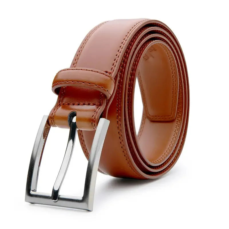 Men's leather belt in genuine leather with a simple casual alloy buckle, available in Wild 95 pattern Brown, Black, and Yellow Brown, with adjustable lengths from 110cm to 130cm for a personalised fit.
