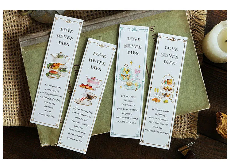 Student creative art bookmark pack, 30 sheets of 350g thick white cardboard bookmarks measuring 40×150mm, including Bookmark Breeze Fruit and Flower, Impression Gallery, Salt of Life, and Phantom of the Opera designs, presented in a plastic carton.