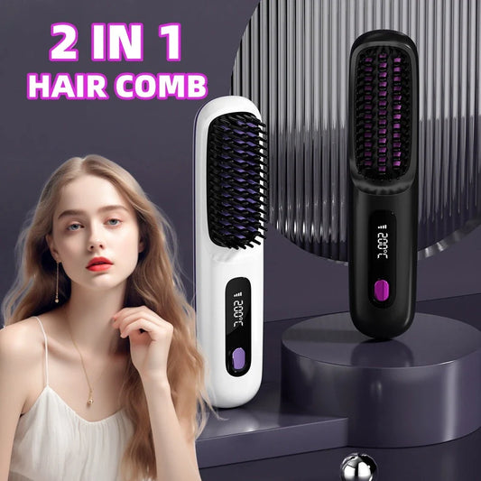 Wireless Hair Straightener Brush with fast heating, portable design, and USB charging