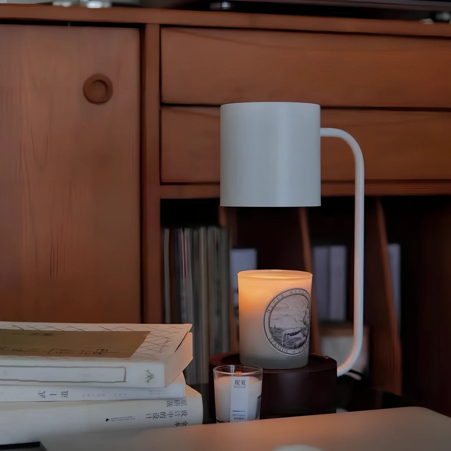 Bedroom aromatherapy lamp with wooden base and dimming control for smokeless wax melting