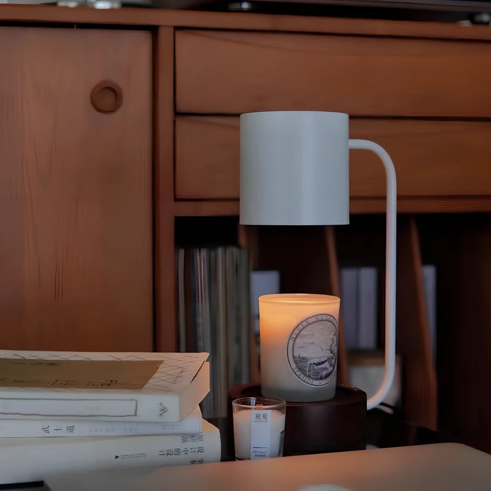 Bedroom aromatherapy lamp with wooden base and dimming control for smokeless wax melting