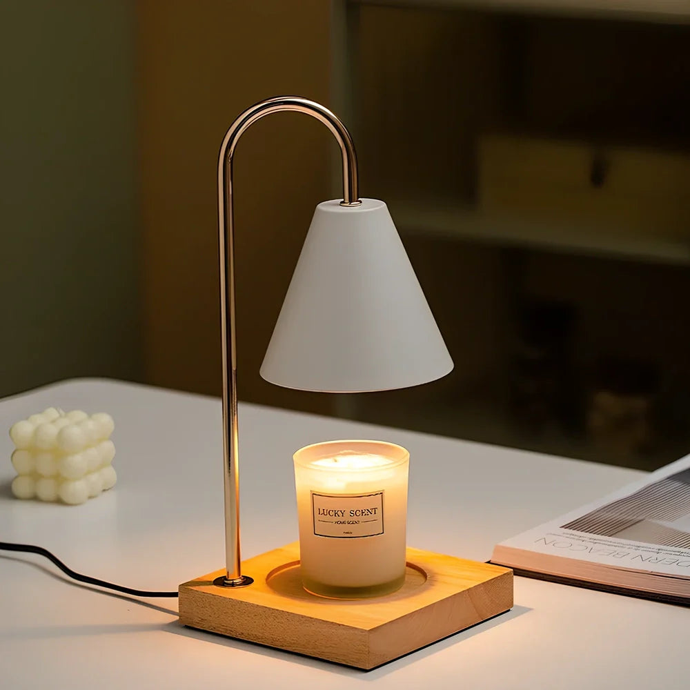 Wooden aromatherapy wax melting lamp with dimmable lighting and iron art metalwork