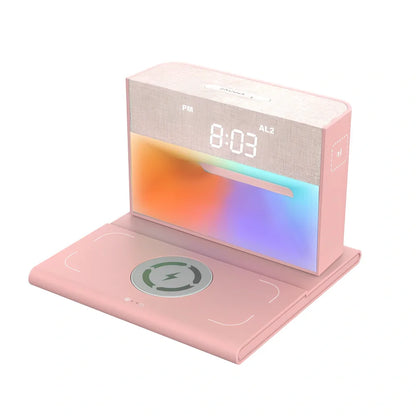 Mobile phone bracket with speaker and colourful lighting in white, pink, or dark green options
