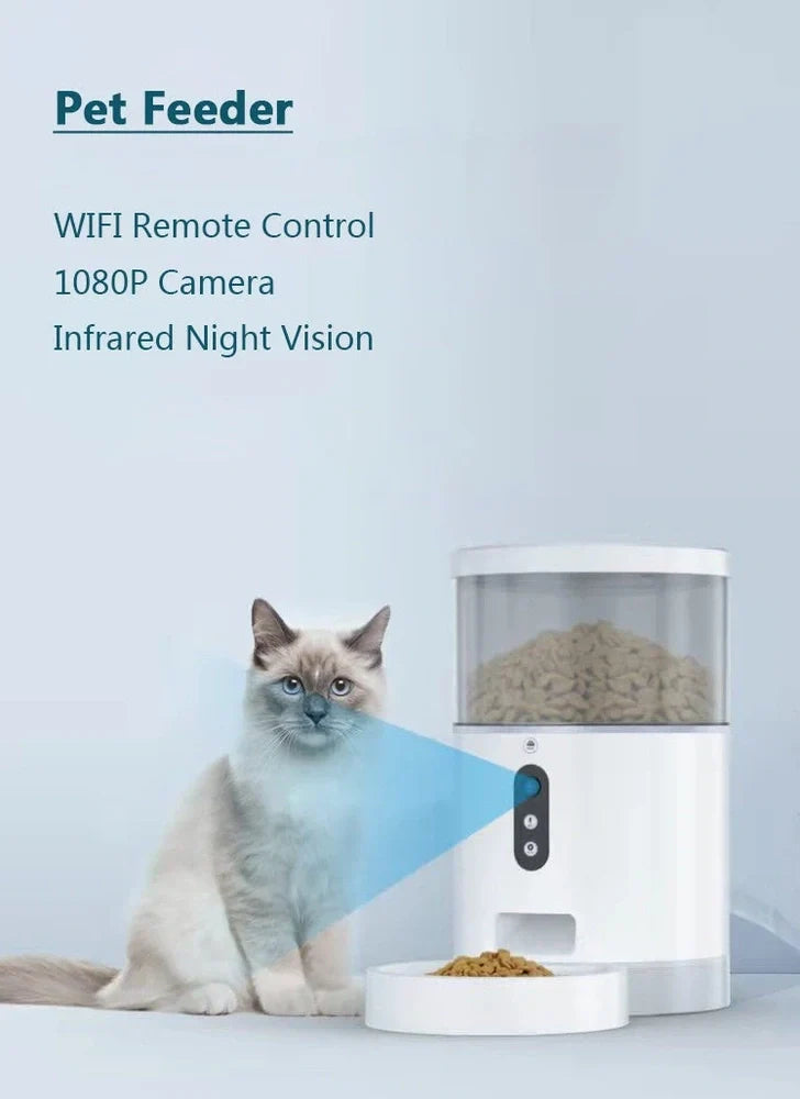 White ABS smart pet automatic feeder with video camera and 5kg food reservoir, dimensions 20.7cm base