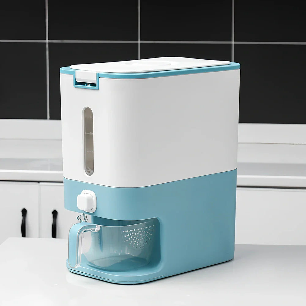 Blue automatic rice bucket with measurement scale and transparent window showing rice inside