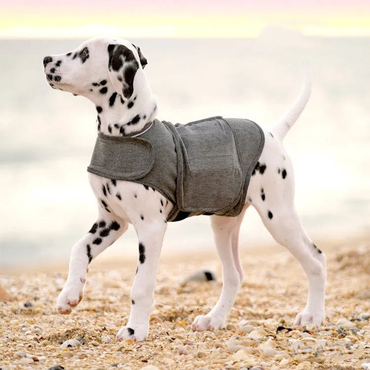 Heather grey dog anxiety vest made from brocade cotton ponte-de-roma fabric for pressure therapy