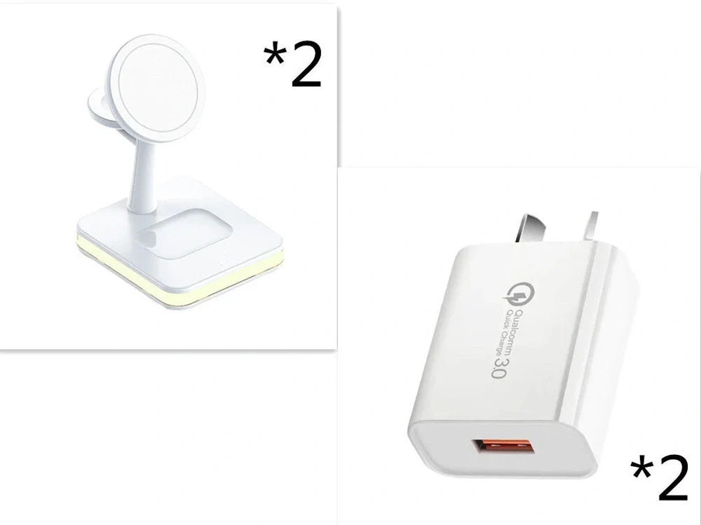 Black three-in-one wireless charger magnetic bracket on a desk charging multiple devices