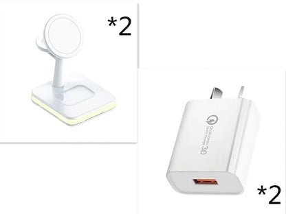 Black three-in-one wireless charger magnetic bracket on a desk charging multiple devices
