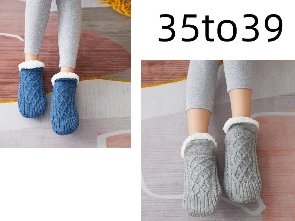 Winter woolen socks with V-opening design and anti-slip dots on soles in navy blue colour