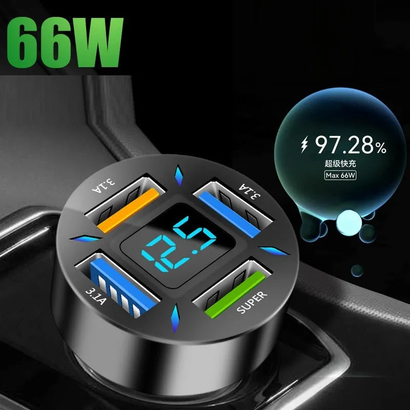 Four-port USB car charger with LED digital display showing voltage, compact black design for vehicle power socket