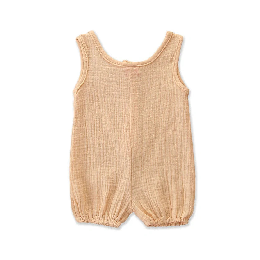 Sleeveless baby romper in beige, blue, or purple with 95% cotton fabric for summer infant wear