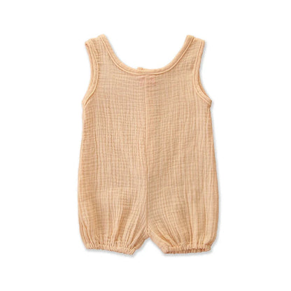 Sleeveless baby romper in beige, blue, or purple with 95% cotton fabric for summer infant wear